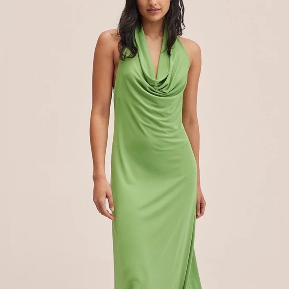 New, Tags Mango Halter Cowl Neck Slinky Green Midi Dress 🍏
